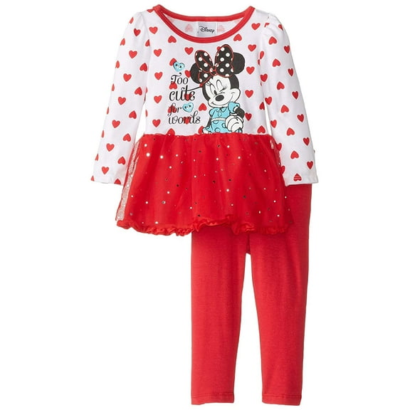 Disney Baby Girls' Minnie Mouse 2 Piece Heart Long Sleeve Tunic Set, Chinese Red, 24 Months