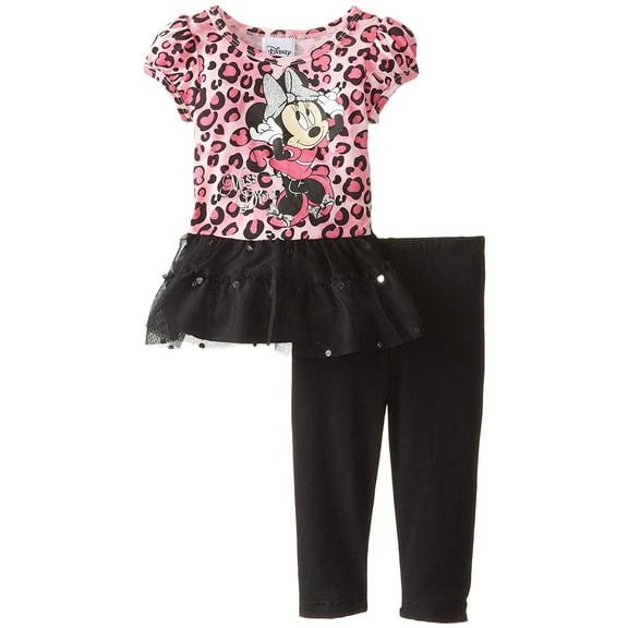 Disney Baby Girls' Minnie Mouse 2 Piece Print Short Sleeve Legging Set, Black, 12 Months