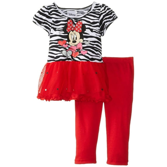 Disney Baby Girls' Minnie Mouse 2 Piece Zebra Print Short Sleeve Legging Set, Chinese Red, 18 Months