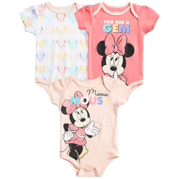 Disney Baby Girls’ Minnie Mouse Bodysuit - 3 Pack Newborn Layette Sleep n’ Play Romper (0-9M)