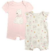 Disney Baby Girls Romper - 2 Pack Minnie Mouse Pooh Little Mermaid Short Sleeve Bodysuit (Newborn/Infant)