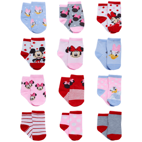 Disney Baby Girls' Socks - 12 Pack Minnie Mouse, Daisy, Princess Socks (Newborn/Infant)