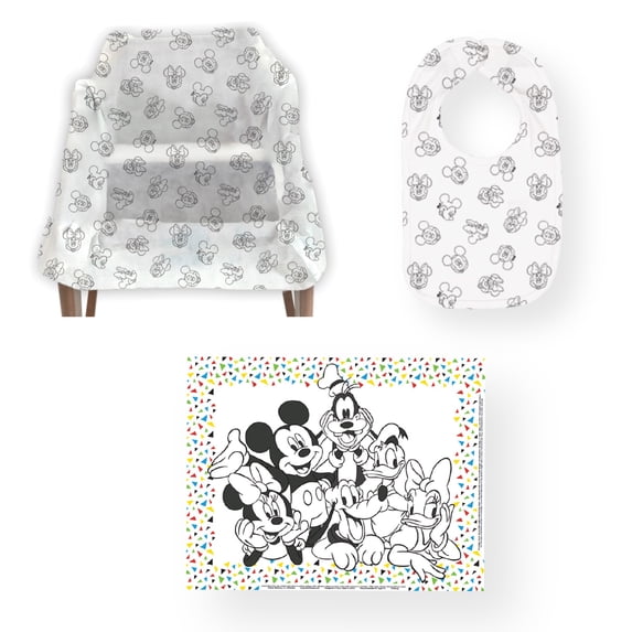 Disney Baby by J.L. Childress Baby Dining Out Bundles - 3 Restaurant Bundles for Toddlers - Disposable Bib, Disposable Placemat and Disposable High Chair Cover - 3 Bundles