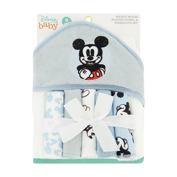Disney Baby Mickey Mouse Hooded Towel with 5 Piece Washcloth Set, Cool Style Print, GS71795