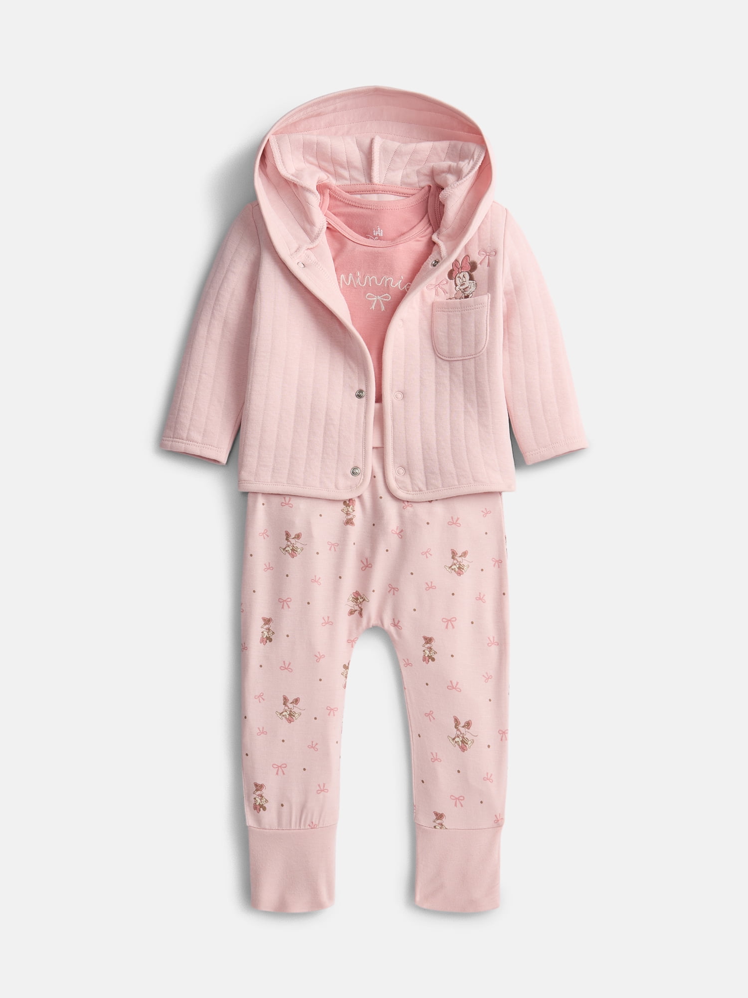 Disney Baby Wishes + Dreams Minnie Mouse Hooded Cardigan, Bodysuit and Pants Set, 3-Piece, Sizes 0/3M-18M