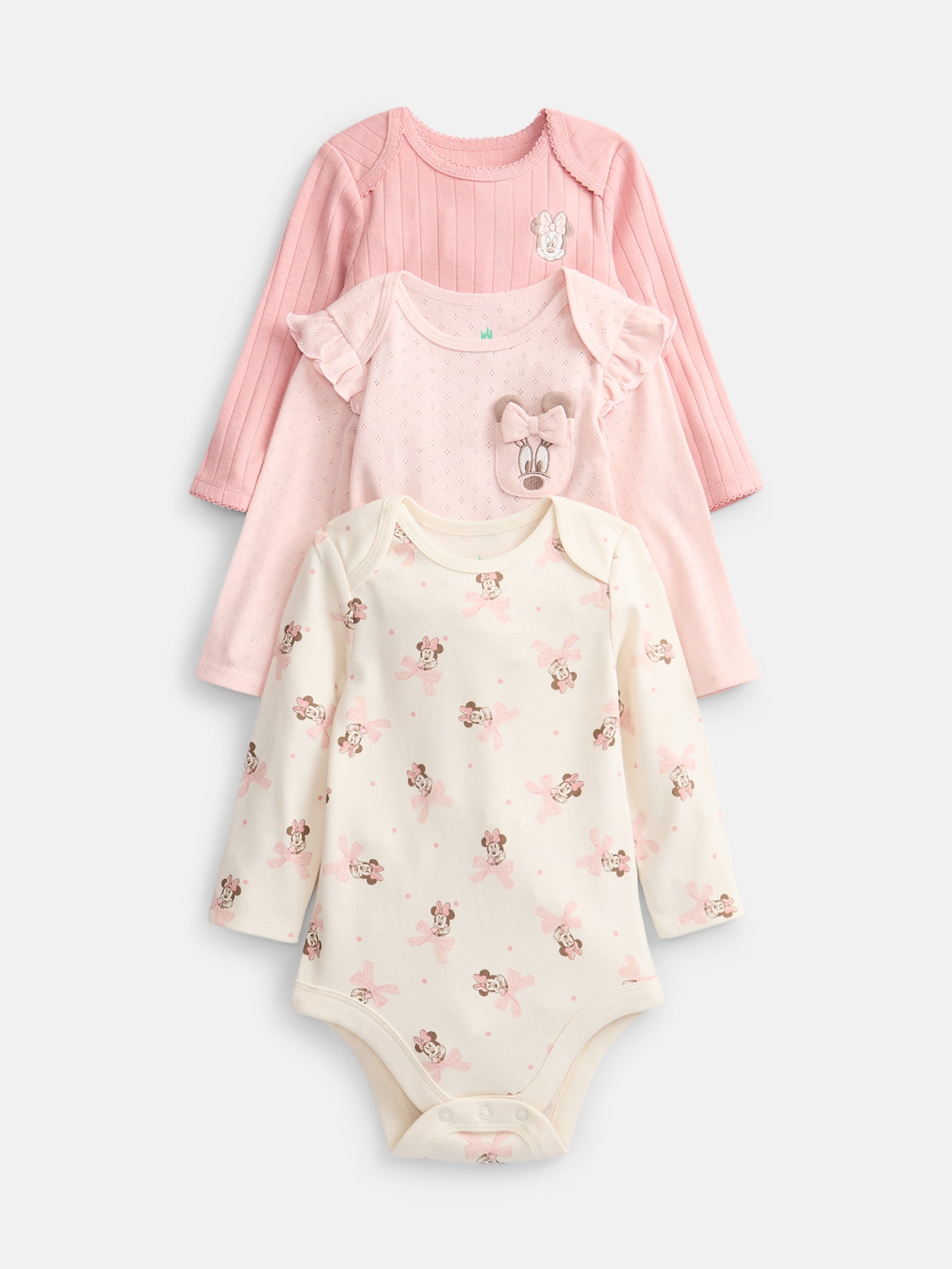 Disney Baby Wishes + Dreams Minnie Mouse Bodysuits with Long Sleeves, 3 Pack, Sizes Newborn-18M