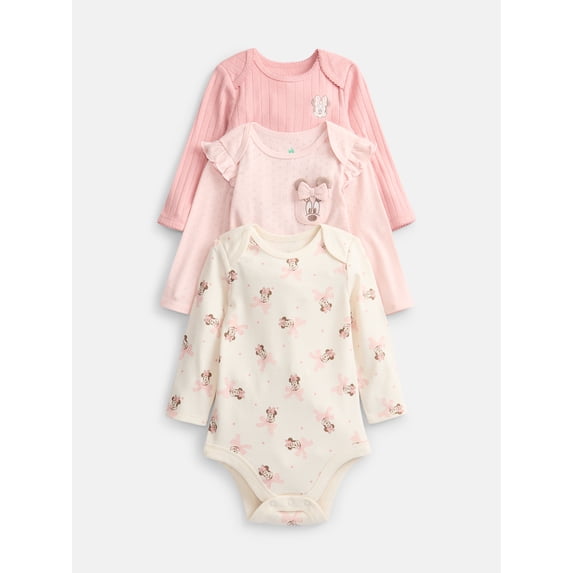 Disney Baby Wishes + Dreams Minnie Mouse Bodysuits with Long Sleeves, 3 Pack, Sizes Newborn-18M