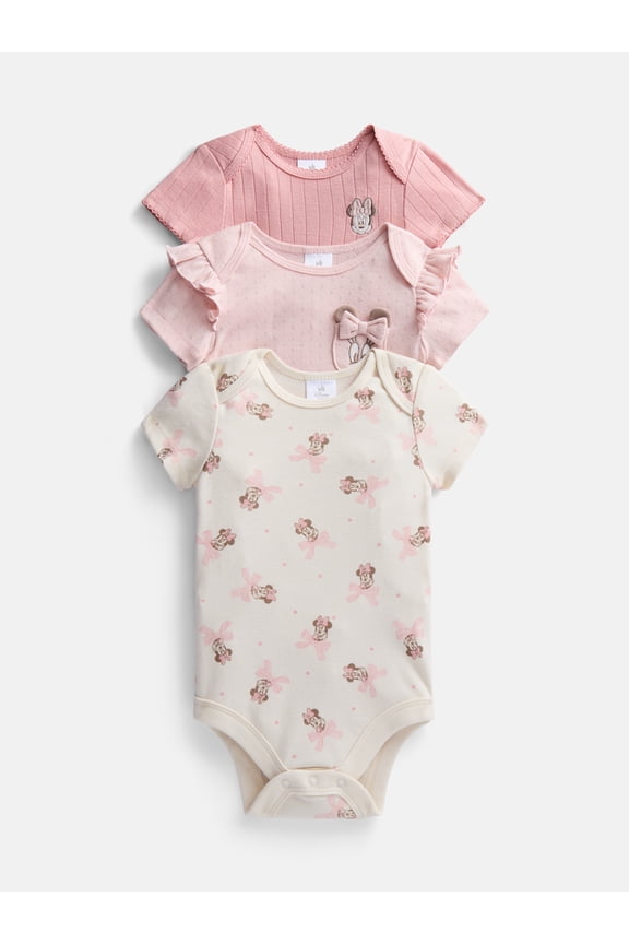 Disney Baby Minnie Mouse Bodysuits with Short Sleeves, 3-Pack, Sizes Newborn-18M