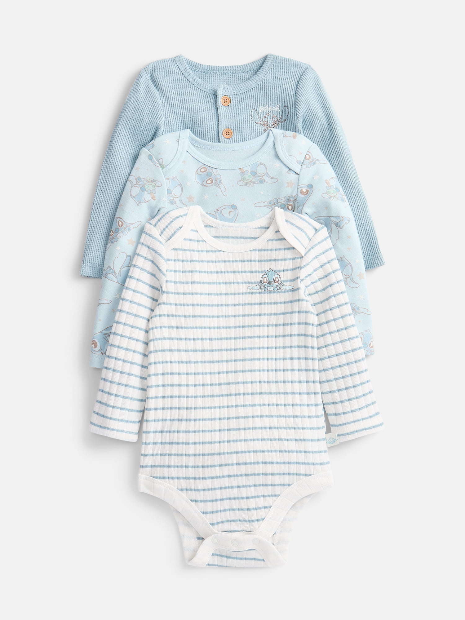 Disney Stitch Baby Unisex Bodysuit with Long Sleeves, 3-Pack, Sizes Newborn-18M