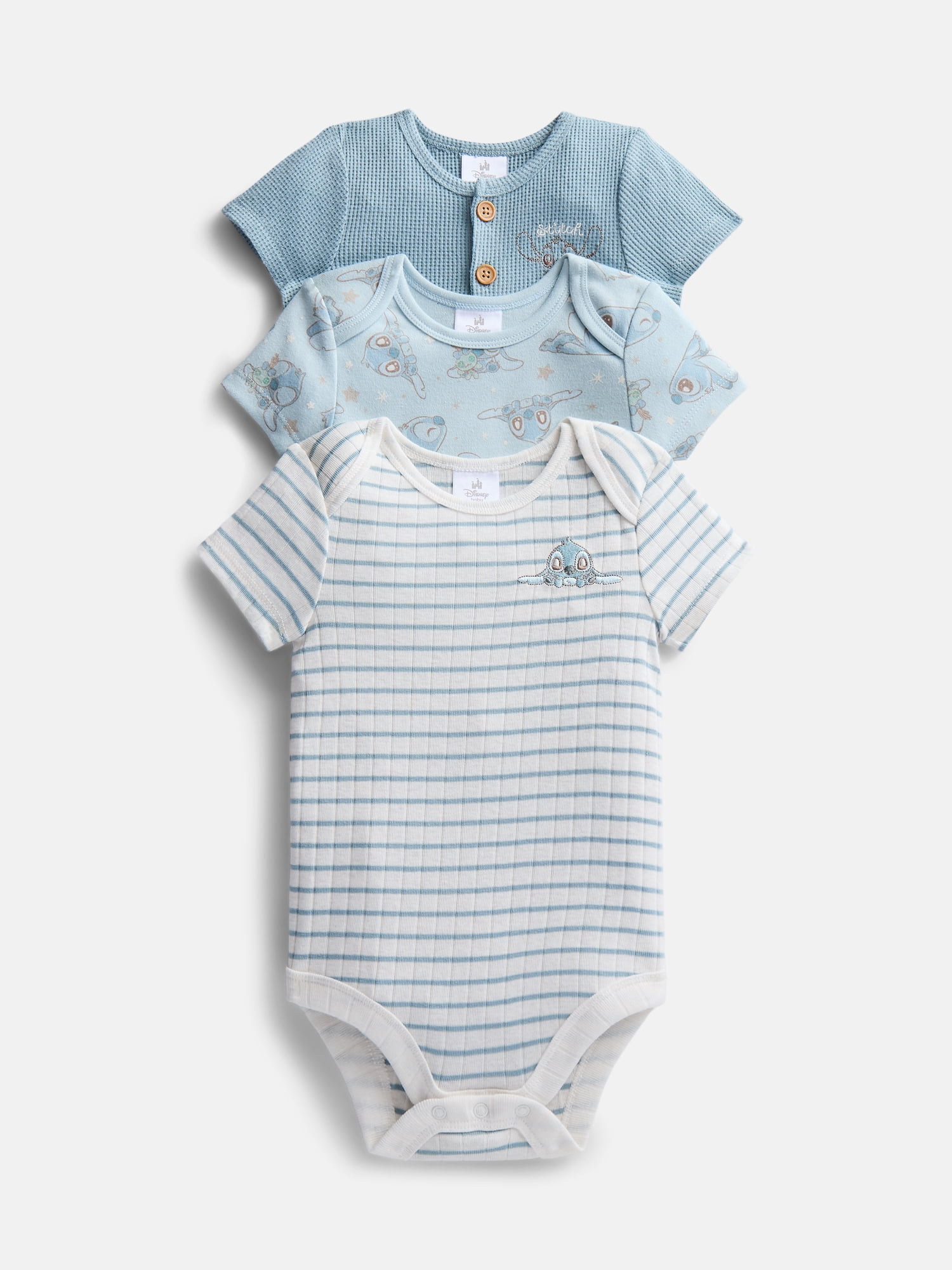Disney Baby Wishes + Dreams Stitch Bodysuits with Short Sleeves, 3-Pack, Sizes Newborn-18M