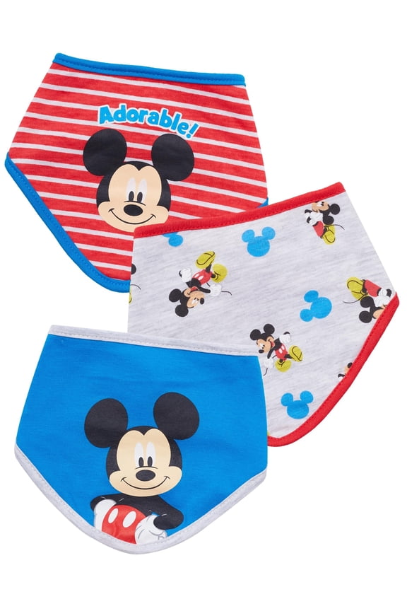 Baby Unisex Mickey Mouse Bandana Bib 3-Pack - Mickey Mouse Baby Bibs Blue/Red/Grey, 0-12M