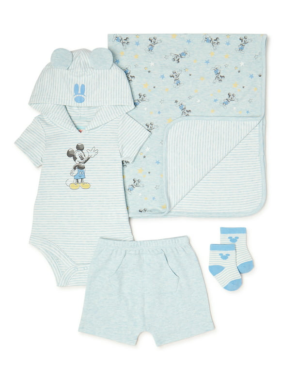 Disney Baby Wishes + Dreams Baby Boy Mickey Mouse Bodysuit, Shorts, Socks & Blanket Shower Gift Box, 4-Piece, Newborn-12 Months
