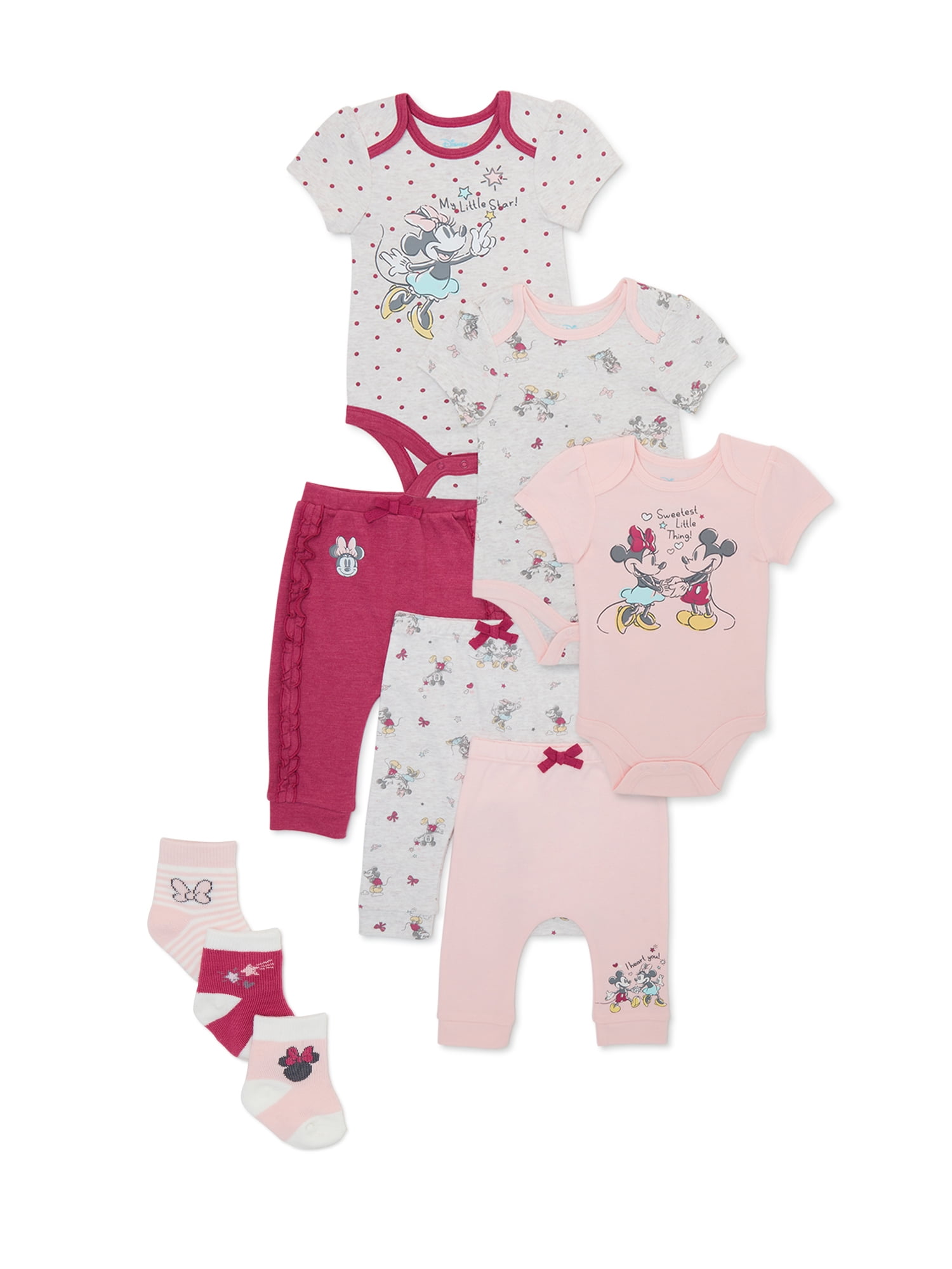 Disney Baby Wishes + Dreams Baby Girl Minnie Mouse Bodysuits and Pants Outfit Set, 9-piece, Newborn-12 Months