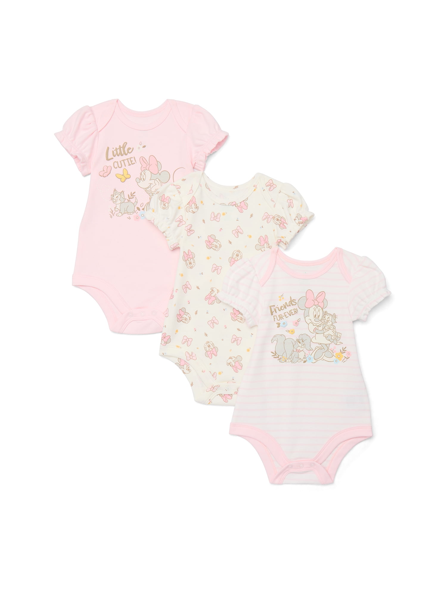 Disney Baby Wishes + Dreams Minnie Mouse Baby Girls Bodysuit with Puff Sleeves, 3-Pack, Sizes Newborn-18 Months