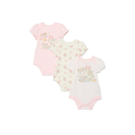 Disney Baby Wishes + Dreams Minnie Mouse Baby Girls Bodysuit with Puff Sleeves, 3-Pack, Sizes Newborn-18 Months