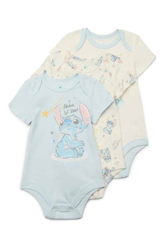 Disney Baby Wishes + Dreams Lilo & Stitch Baby Boys or Girls Bodysuit, 3-Pack, Sizes Newborn-18 Months