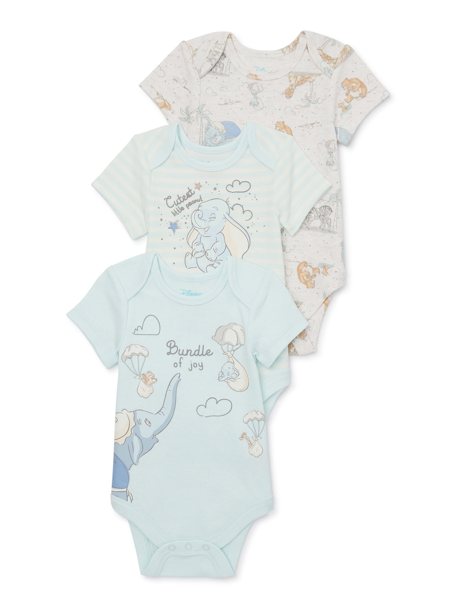 Disney Baby Wishes + Dreams Dumbo Infant Baby Short Sleeve Bodysuits, 3-Pack, Sizes Newborn-12 Months