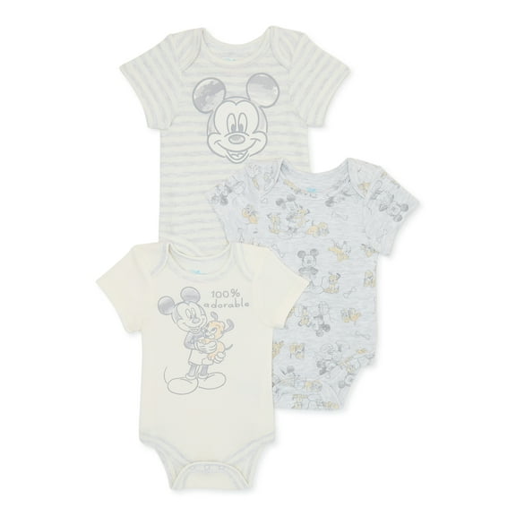 Disney Baby Wishes + Dreams Mickey Mouse Infant Baby Short Sleeve Bodysuits, 3-Pack, Sizes Newborn-12 Months