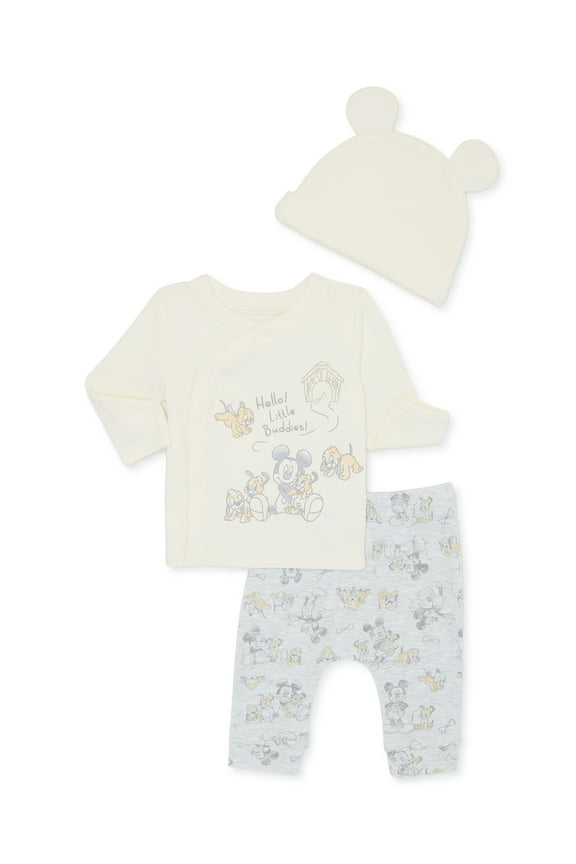 Mickey Mouse Infant Baby Take Me Home Hat, Long-Sleeve Tee, and Pants Outfit Set, 3-Piece Sizes Preemie-6 Months