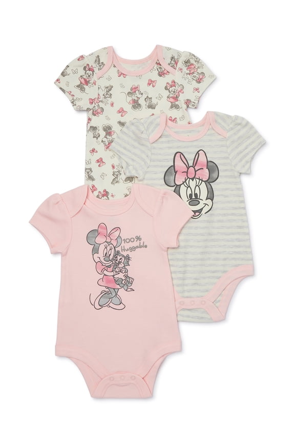 Disney Baby Wishes + Dreams Minnie Mouse Infant Baby Short Sleeve Bodysuits, 3-Pack, Sizes Newborn-12 Months