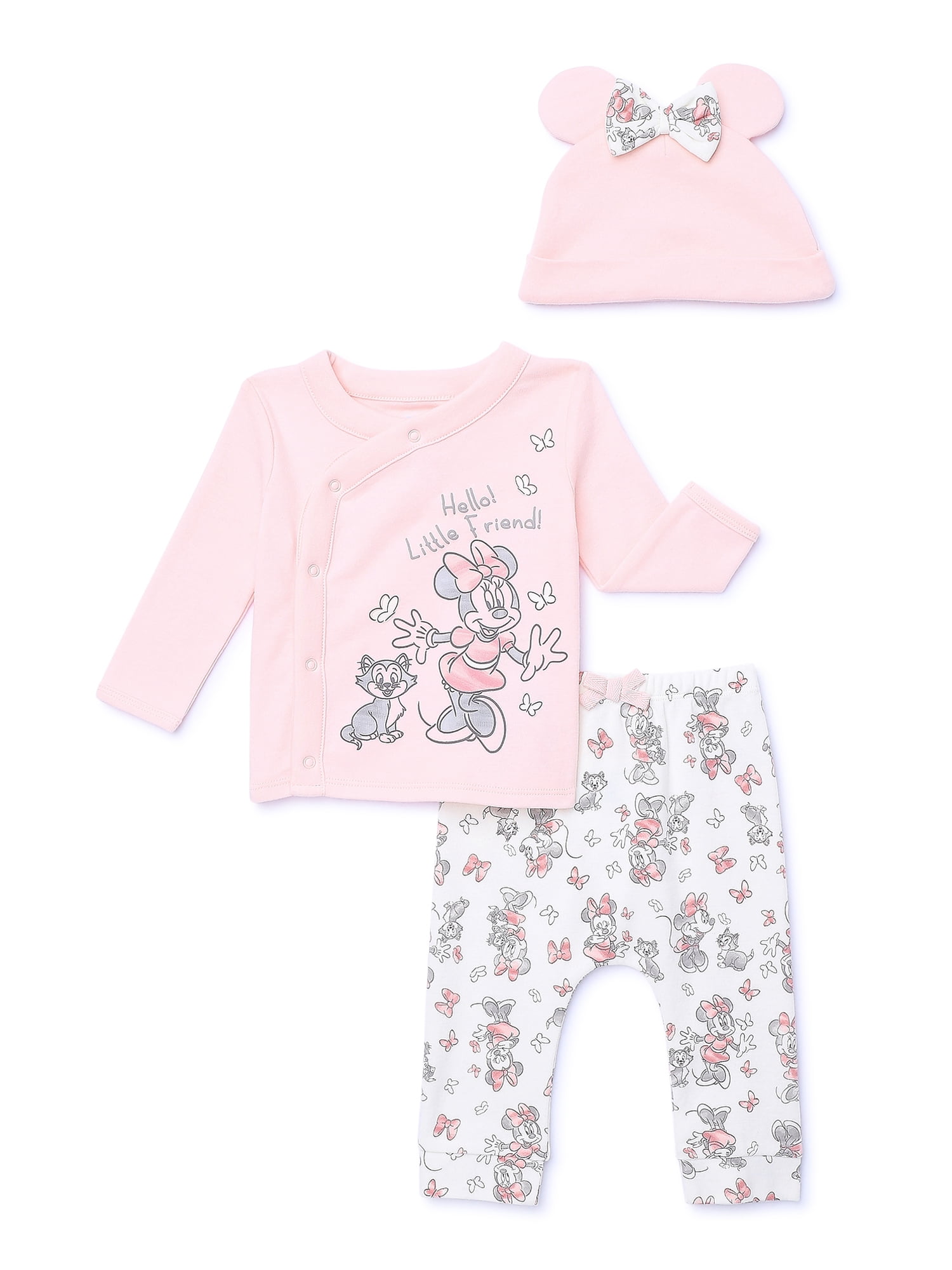 Disney Baby Wishes + Dreams Minnie Mouse Infant Baby Take Me Home Hat, Long-Sleeve Tee, and Pants Outfit Set, 3-Piece Sizes Preemie-6 Months