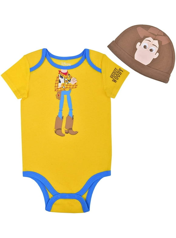 Disney Babys Short Sleeve Onesie with Cap, Toy Story Woody Costume, Romper Set, Yellow, Size 9M