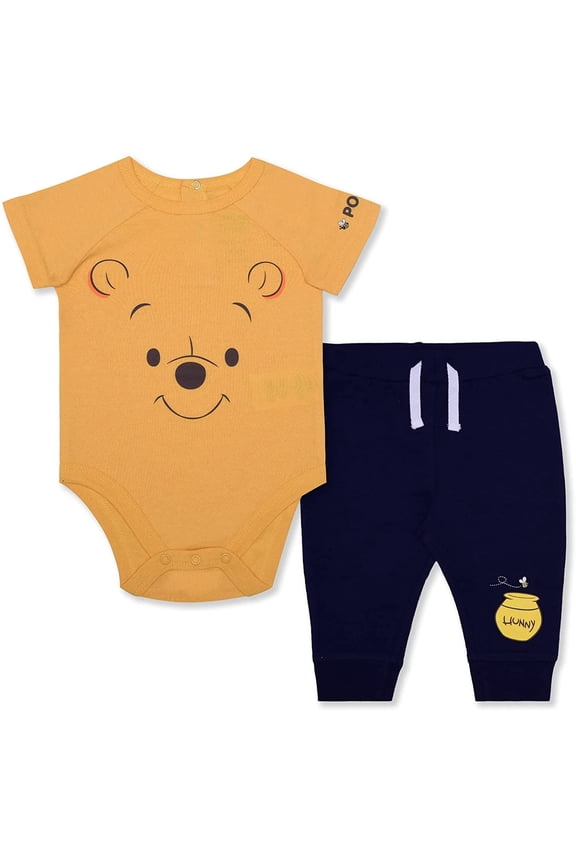 Babys Short Sleeve Romper with Jog Pants, Winnie The Pooh Bodysuit Set, Yellow, Size NB