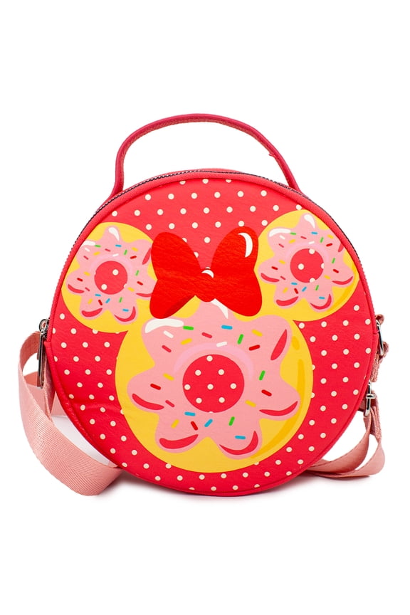 Disney Bag, Crossbody, Round, Minnie Mouse Bow and Ears Donut Dessert with Polka Dot, Red, Vegan Leather