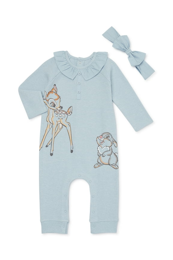 Bambi Baby Girls Long Sleeve Romper and Headband, 2-Piece Set, Sizes 0/3 Months-24 Months