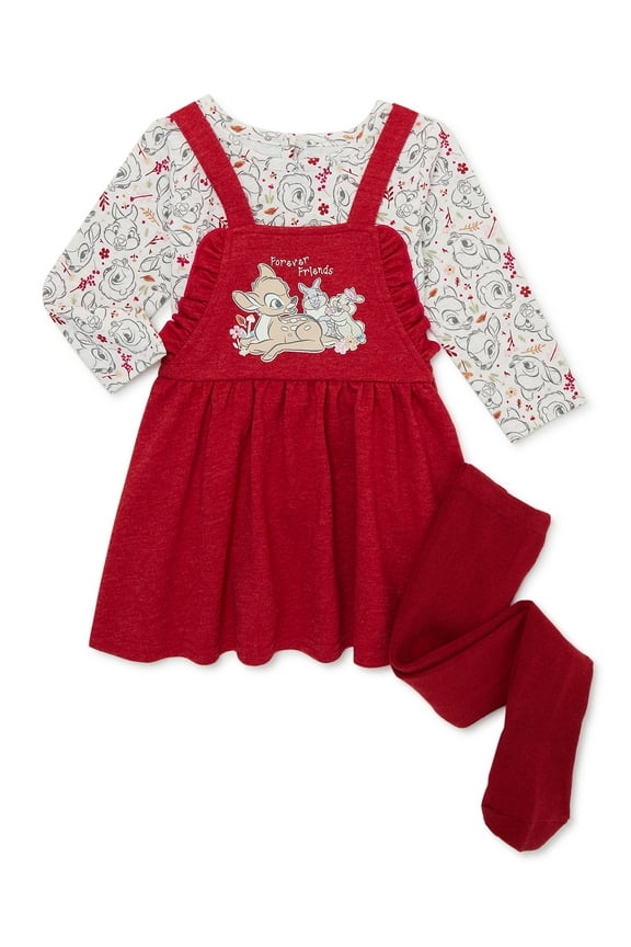 Disney Bambi Baby Girls Pinafore Dress, Top with Long Sleeves and Tights Set, 3-Piece, Sizes 0/3-24 Months