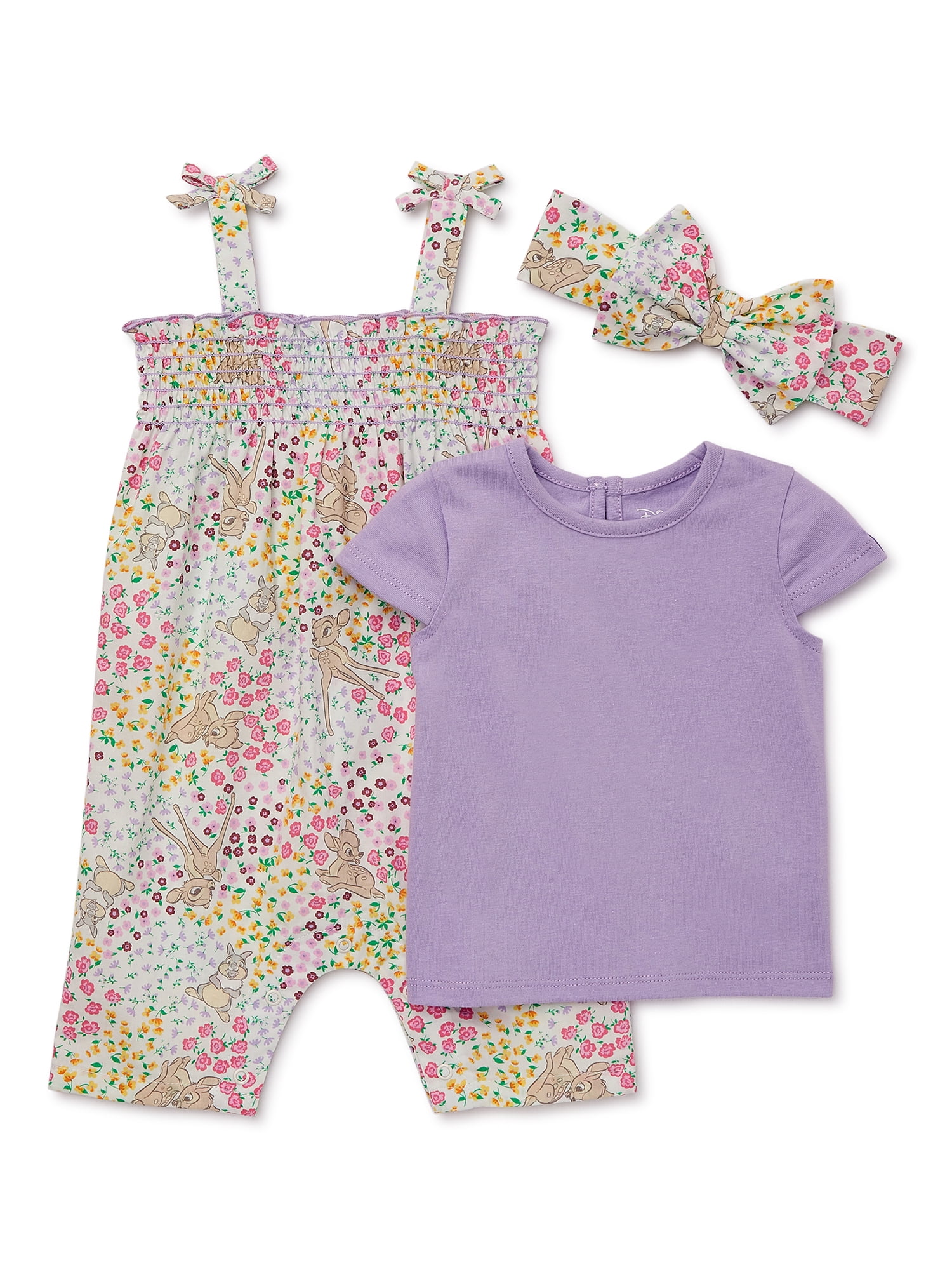 Disney Bambi Baby Girls Romper, Tee and Headband Set, 3-Piece, Sizes 0-24 Months