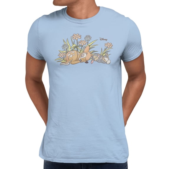 Disney Bambi Laying with Thumper and Flowers Men's T Shirt (Light Blue, S-XXXL)