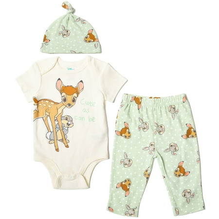 Disney Bambi Thumper Infant Baby Boys Bodysuit Pants and Hat 3 Piece Outfit Set Newborn to Infant
