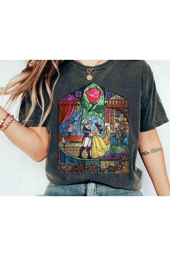 Disney Beauty & The Beast Stained Glass Rose Graphic Retro Comfort Colors TShirt, Belle Beast Tee, WDW Magic Kingdom Disneyland Family Vacation Holiday Gift Shirt,Pepper color,size 3XL