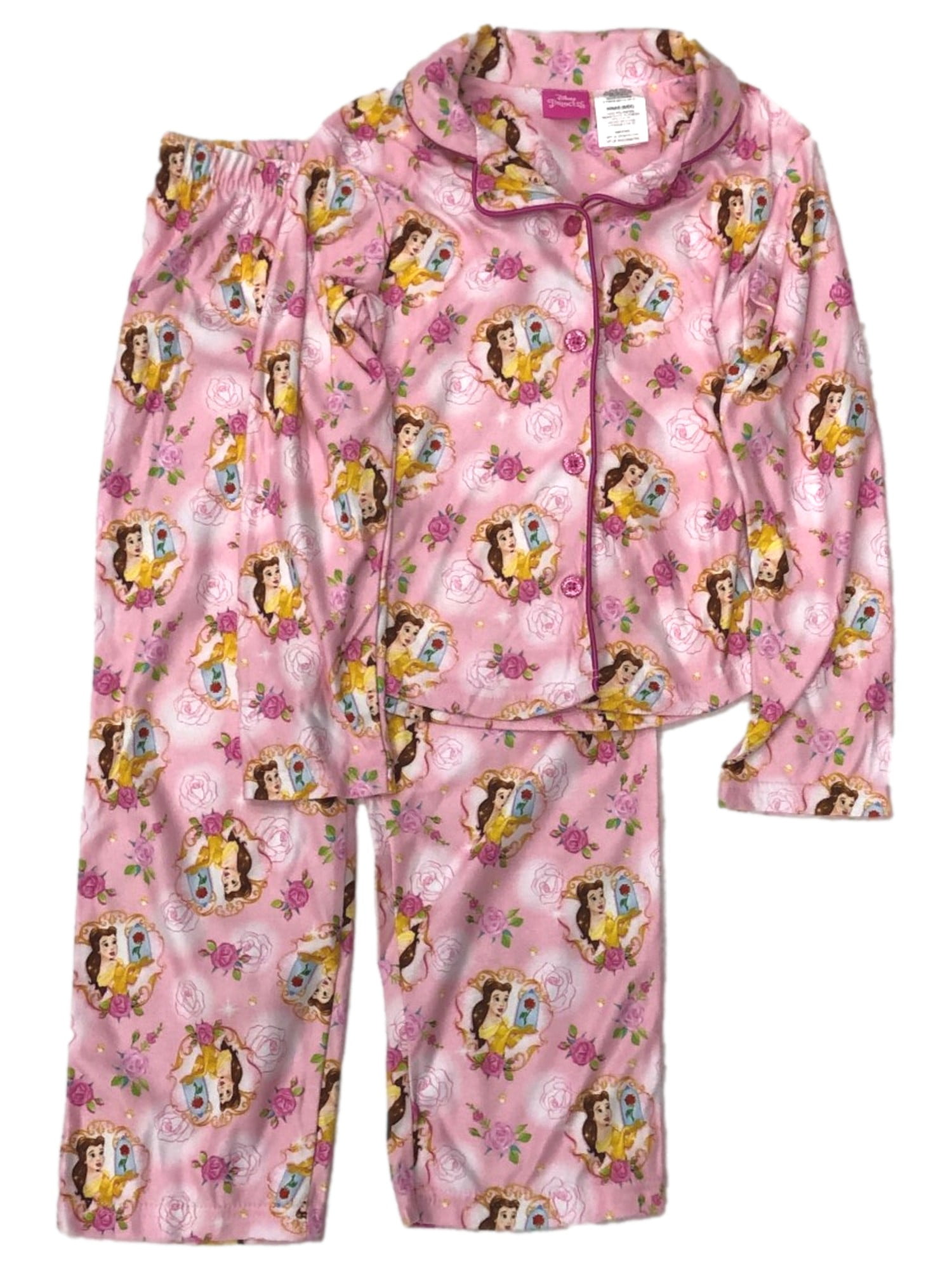 Disney Beauty & The Beast Girls Pink Flannel Princess Belle Pajamas Sleep  Set S 