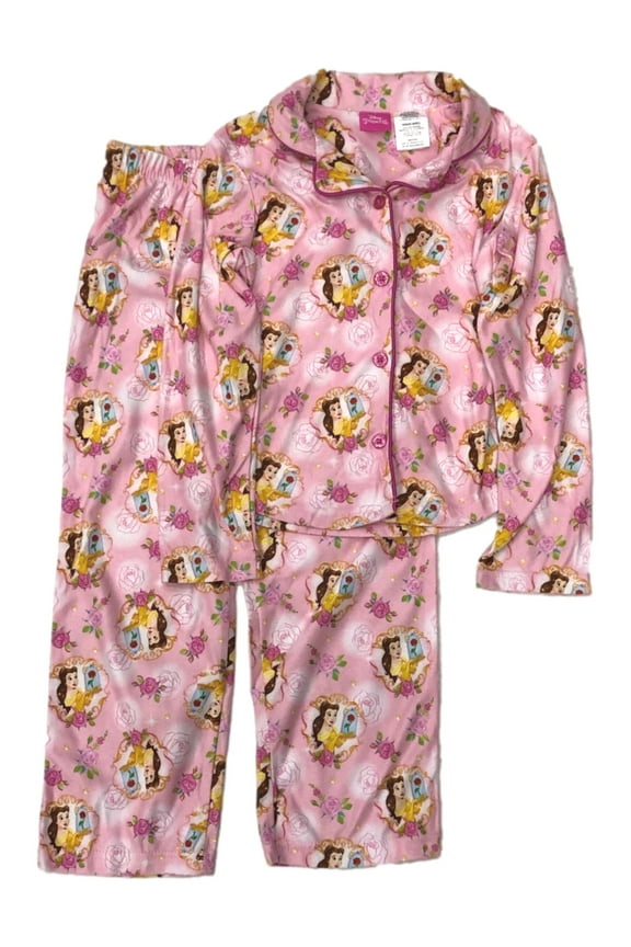 Beauty & The Beast Girls Pink Flannel Princess Belle Pajamas Sleep Set S