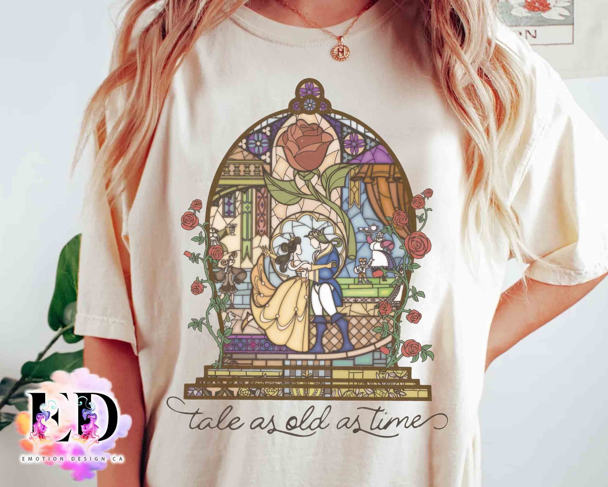 Disney Beauty & The Beast Stained Glass Rose Graphic Retro Shirt, Belle