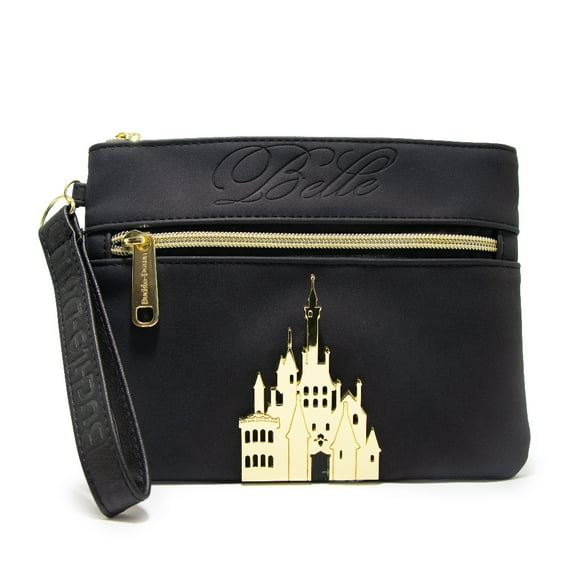 Disney Wallet, Double Pocket Wristlet, Belle Script Debossed, Castle Emblem Gold, Black, Vegan Leather