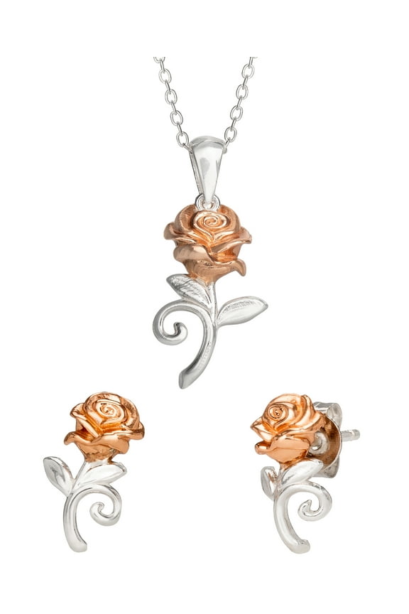 Beauty and the Beast Women's Sterling Silver Rose Stud & Pendant Set, 17"