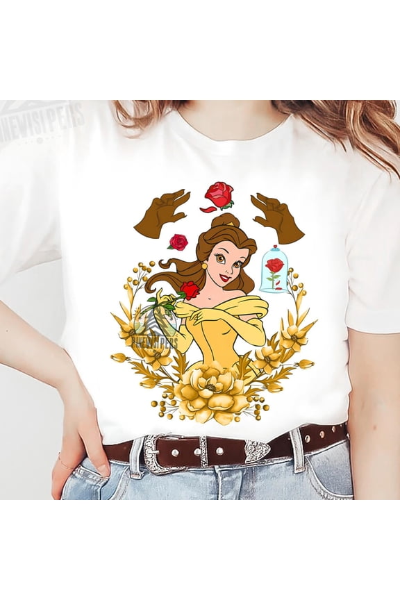 Disney Belle Princess Floral Villains Hand Shirt Beauty And The Beast T-shirt Birthday Gif
