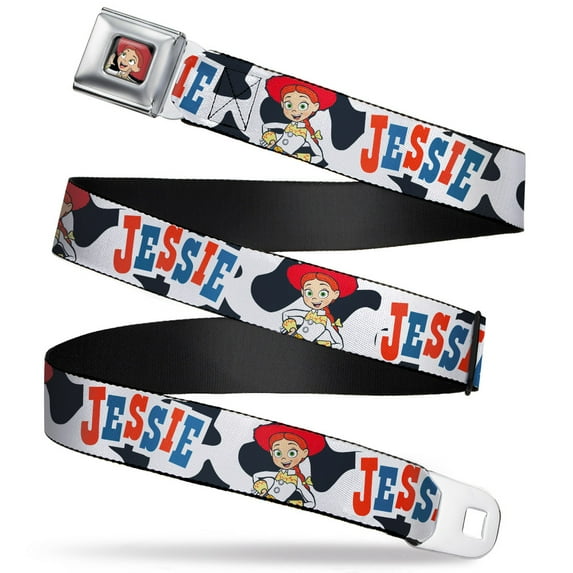 Disney Belt, Seatbelt Buckle Belt, Toy Story Jessie Pose Cow Print White Black Red Blue, 24 to 38 Inches