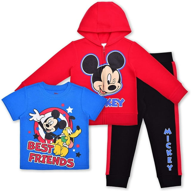 Disney Boy's 3 Pack Mickey Mouse Tee, Zip Hoodie and Jogger Pant Set