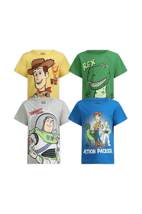 Disney Boy's 4-Pack Toy Story Graphic Tee Shirt with Short Sleeves, Blue/Yellow/Green/Grey, 7