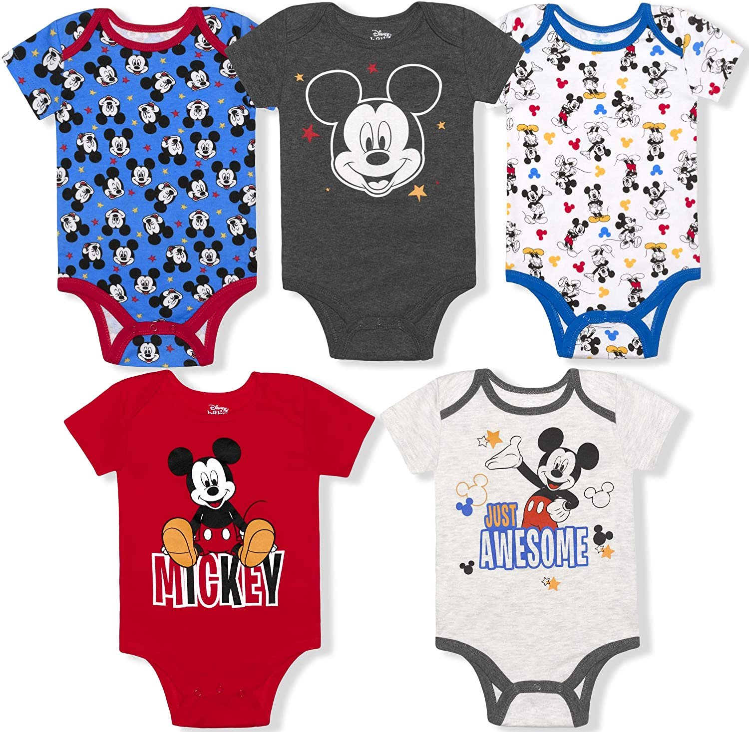 Disney Boy's 5-Pack Mickey Mouse Short Sleeve Bodysuit Creeper