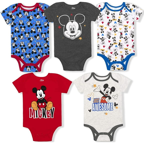 Disney Boy's 5-Pack Mickey Mouse Short Sleeve Bodysuit Creeper