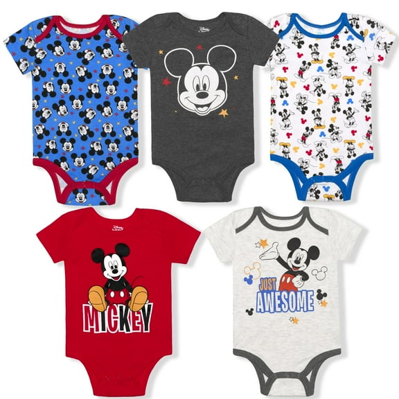 Disney Boy's 5-Pack Mickey Mouse Short Sleeve Bodysuit Onesies