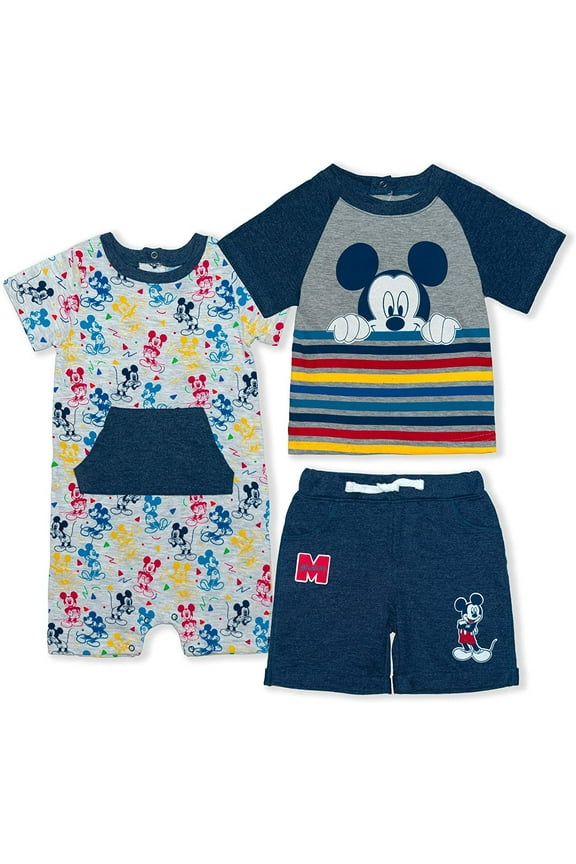 Disney Boy's Mickey Mouse Baby Shorts, Tee and Romper Toddler Clothes Set