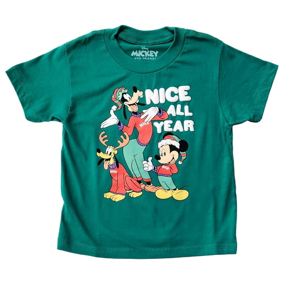 Disney Boys Green Short Sleeve Mickey Mouse Christmas T-Shirt Tee Shirt SM 5-6