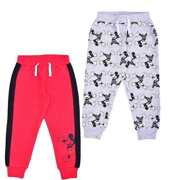 Disney Boys Jogger Pants Set, Athletic Sweatpants with Mickey Mouse Print, Red/Grey, Size 5