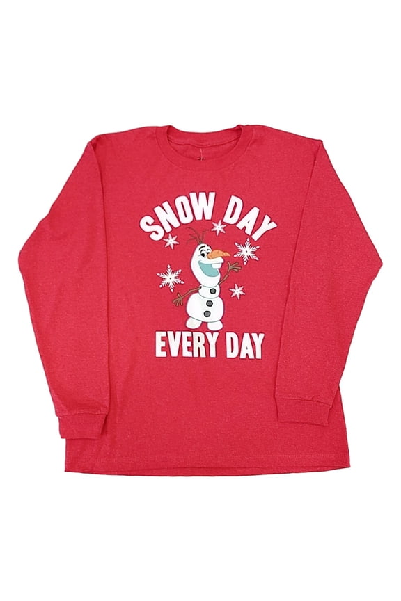 Boys Red Frozen Olaf Snow Day Every Day Long Sleeve Christmas Shirt XL